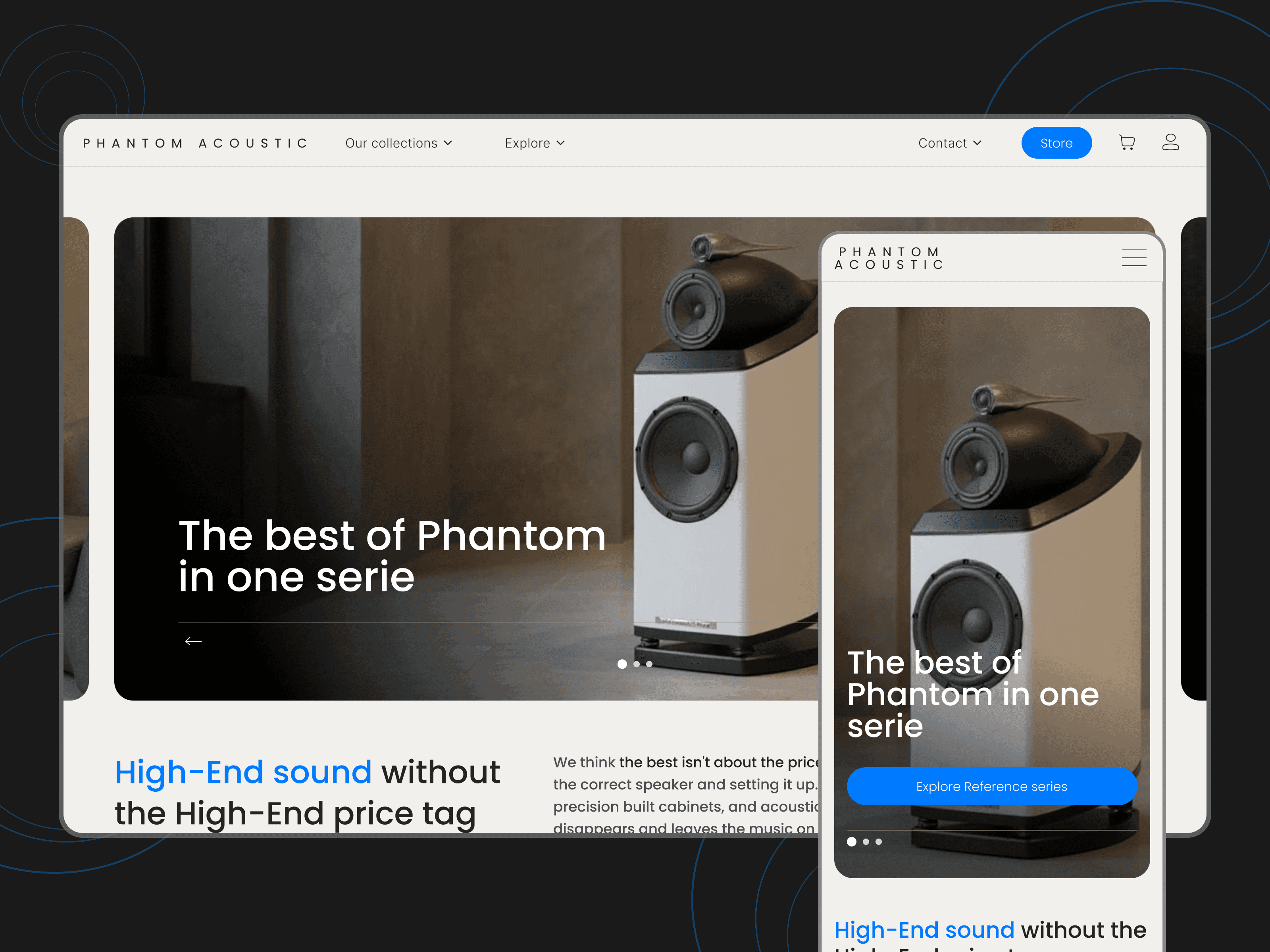 Phantom Acoustic e-commerce homepage with speaker showcase