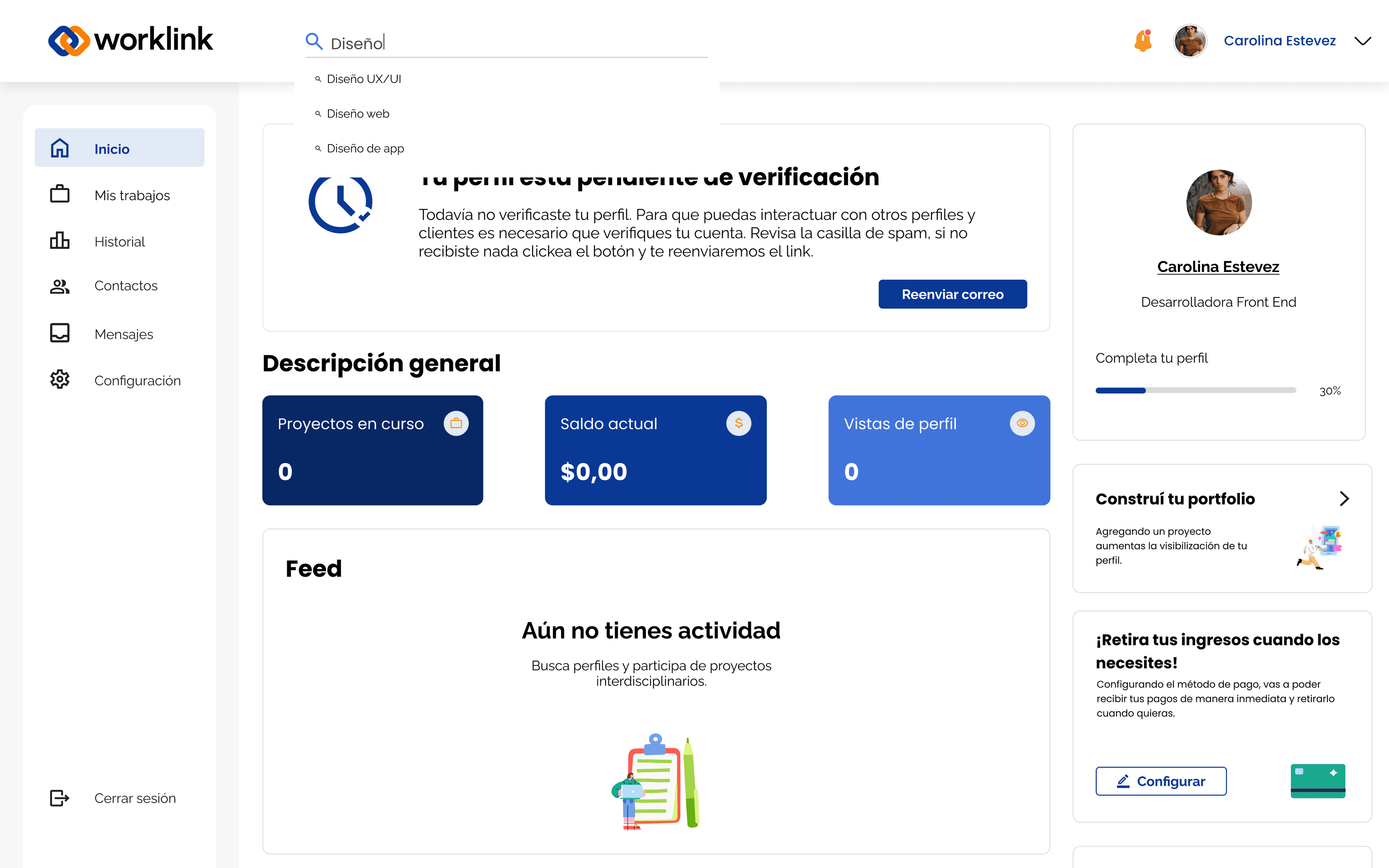 WorkLink freelancer platform dashboard
